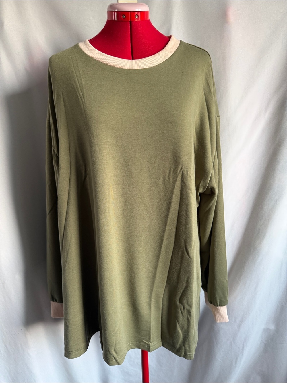 Olive Long-Sleeve Tee with Cream Trim
